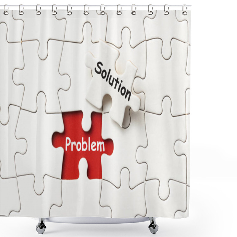 Personality  One Piece Of White Jigsaw Puzzle Over Plain Of White Puzzle With Problem And Solution Words On A Red Background. Shower Curtains