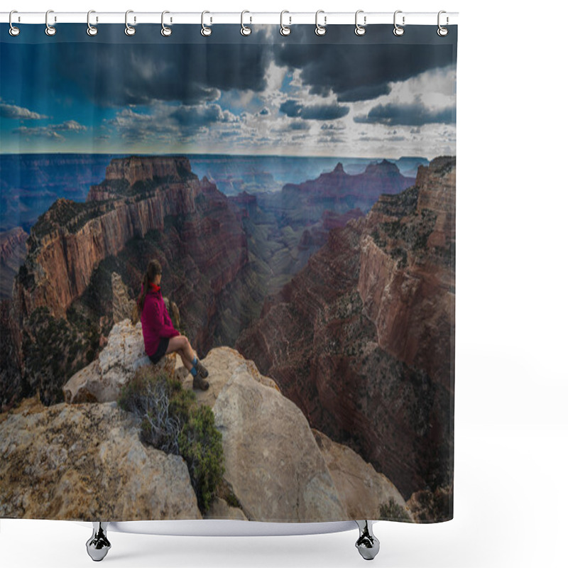 Personality  Hiker Looking Down Cape Royal Overlook Grand Canyon North Rim Wo Shower Curtains