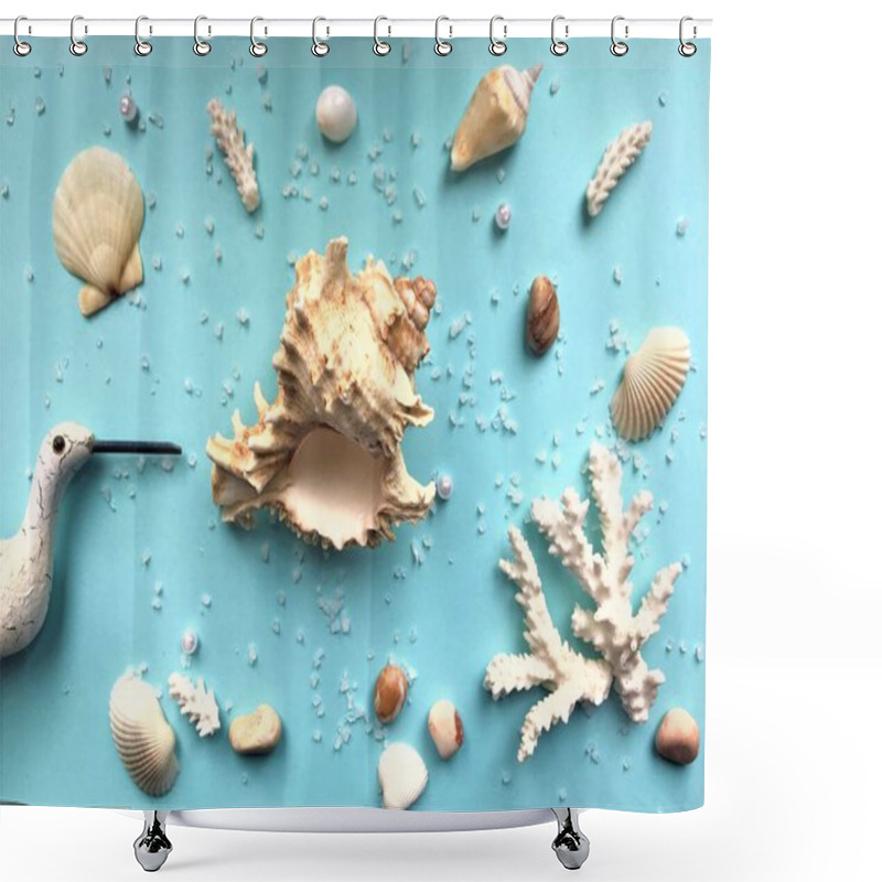 Personality  Large Rapana & White Branches Of Coral, On The Left Looks Out A Wooden Figure Of A Bird Like A Seagull Or A Crane, A Few Small Shells, Pebbles, Scattered White Crystals And Pearls On A Turquoise Back Shower Curtains