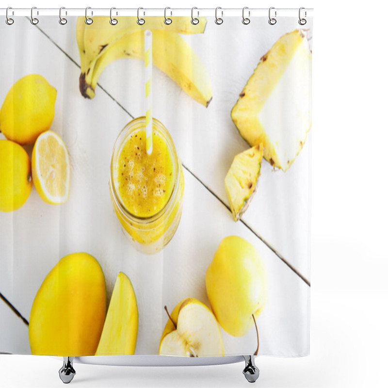 Personality  Fresh Organic Yellow Smoothie With Banana, Apple, Mango, Pear, P Shower Curtains