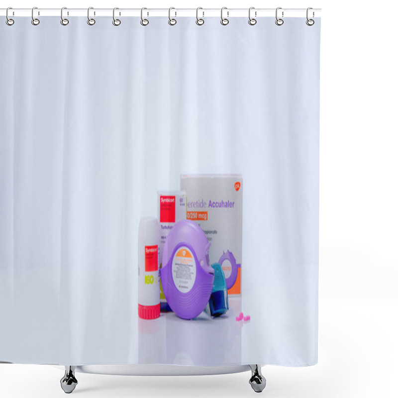 Personality  CHONBURI, THAILAND-MARCH 28, 2020 : Symbicort Turbuhaler, Seretide Accuhaler, Ventolin Evohaler, And Pink Tablets Pills. Asthma Inhaler. Medicine For Treatment Asthm, COPD, And Emphysema. Drug Package Shower Curtains