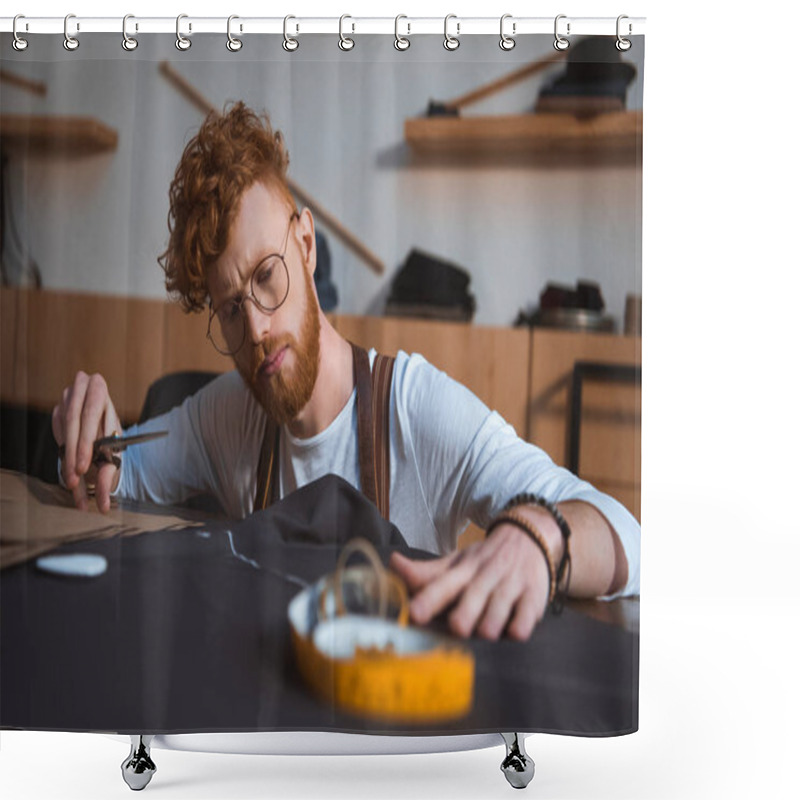 Personality  Focused Young Bearded Fashion Designer Working With Fabric At Workshop  Shower Curtains