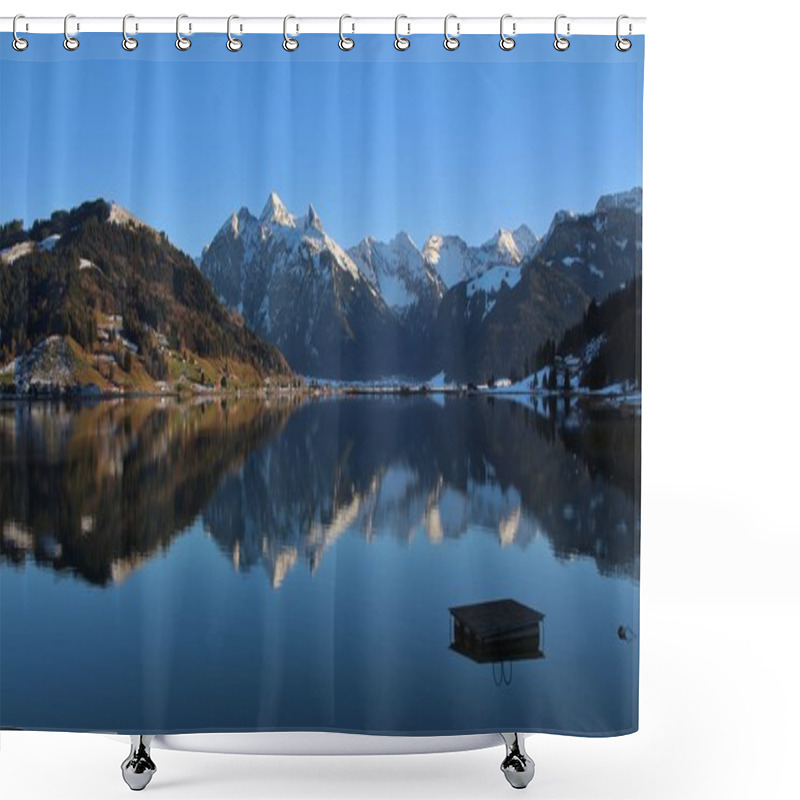 Personality  High Mountains Mirroring In Lake Sihlsee Shower Curtains