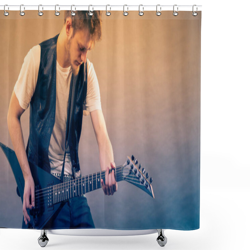 Personality  Young Bearded Man With Electric Guitar. Adult Person Is Holding Instrument And Playing. Hobby, Music Concept, On Grey Shower Curtains