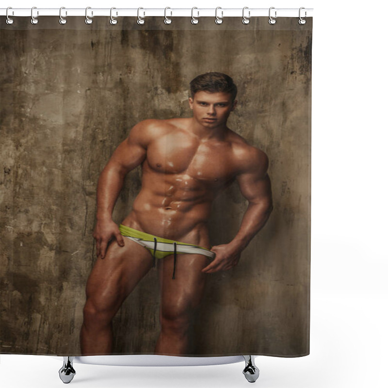 Personality  Young Man In Sexy Swimwear Standing On The Texture Wall Shower Curtains