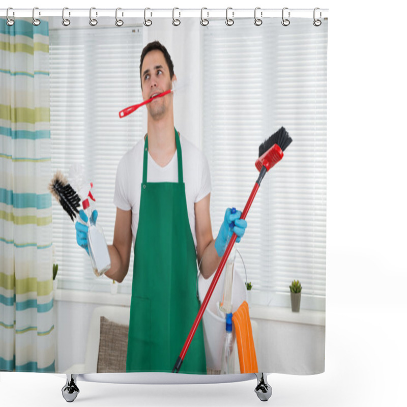 Personality  Overburdened Cleaner Holding Cleaning Equipment Shower Curtains