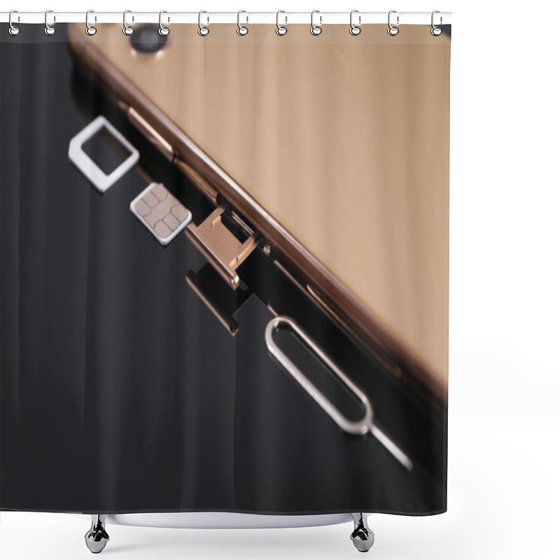 Personality  SIM Card, Smartphone And Ejector On Black Background, Closeup Shower Curtains