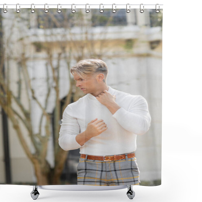 Personality  A Blonde Man Poses For A Portrait On A Sunny Florida Street, Wearing A White Long-sleeved Shirt And Plaid Pants. Shower Curtains