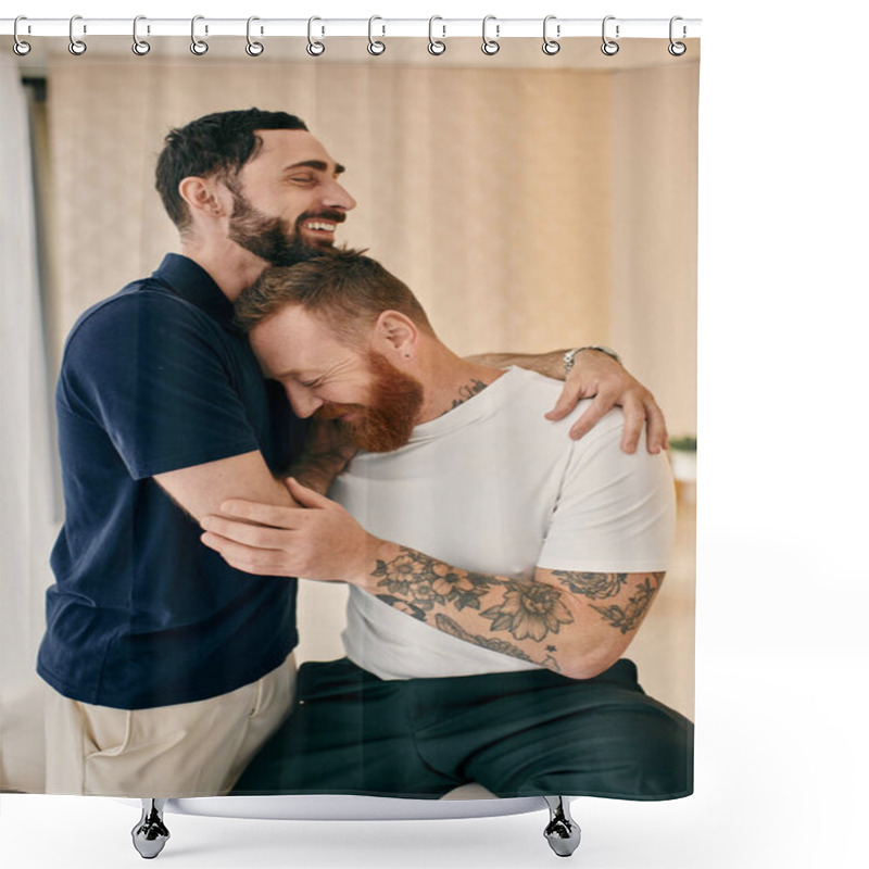 Personality  Two Men In A Cozy Room Sharing A Warm Hug, Expressing Love And Connection In A Joyful Moment. Shower Curtains