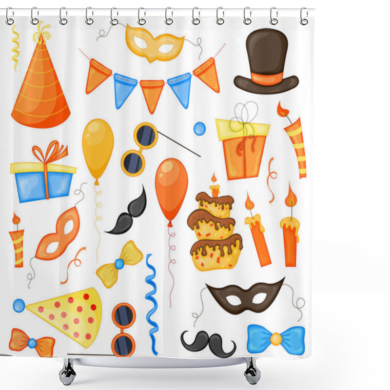 Personality  Colorful Party Set Of Items On A White Background. Celebration Event Happy Birthday. Multicolored. Vector. Shower Curtains