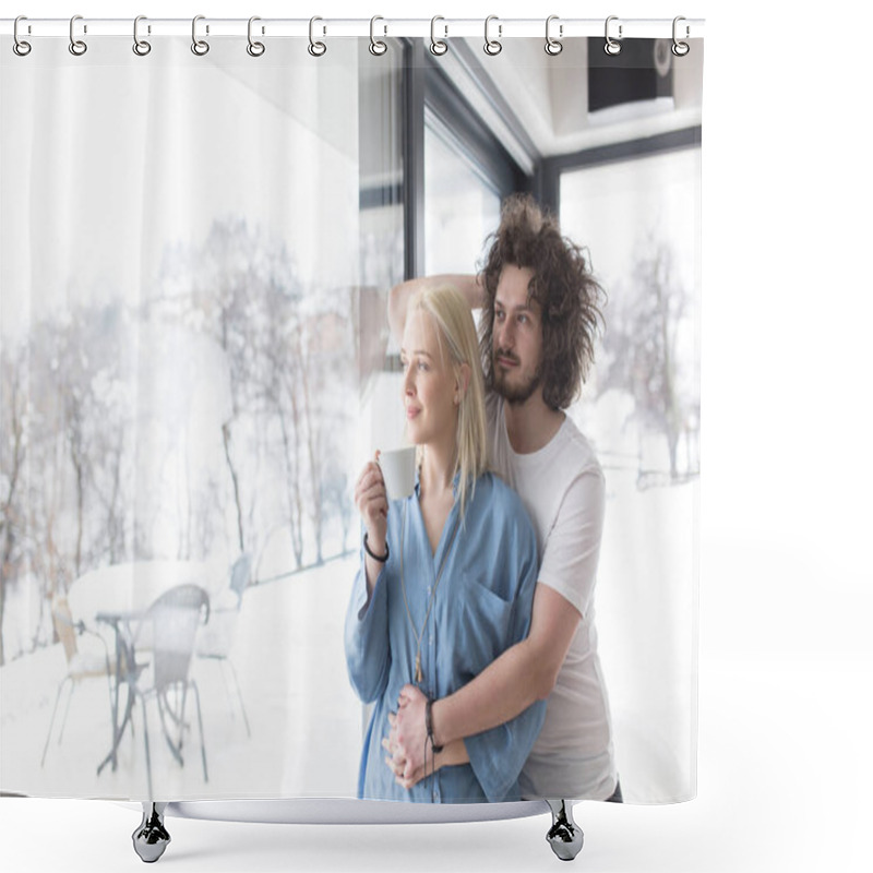 Personality  Young Couple Enjoying Morning Coffee By The Window Shower Curtains