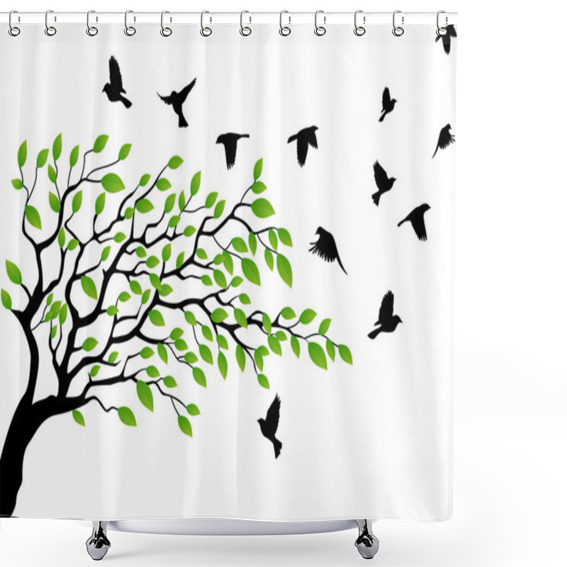 Personality  Tree Silhouette With Bird Flying Shower Curtains