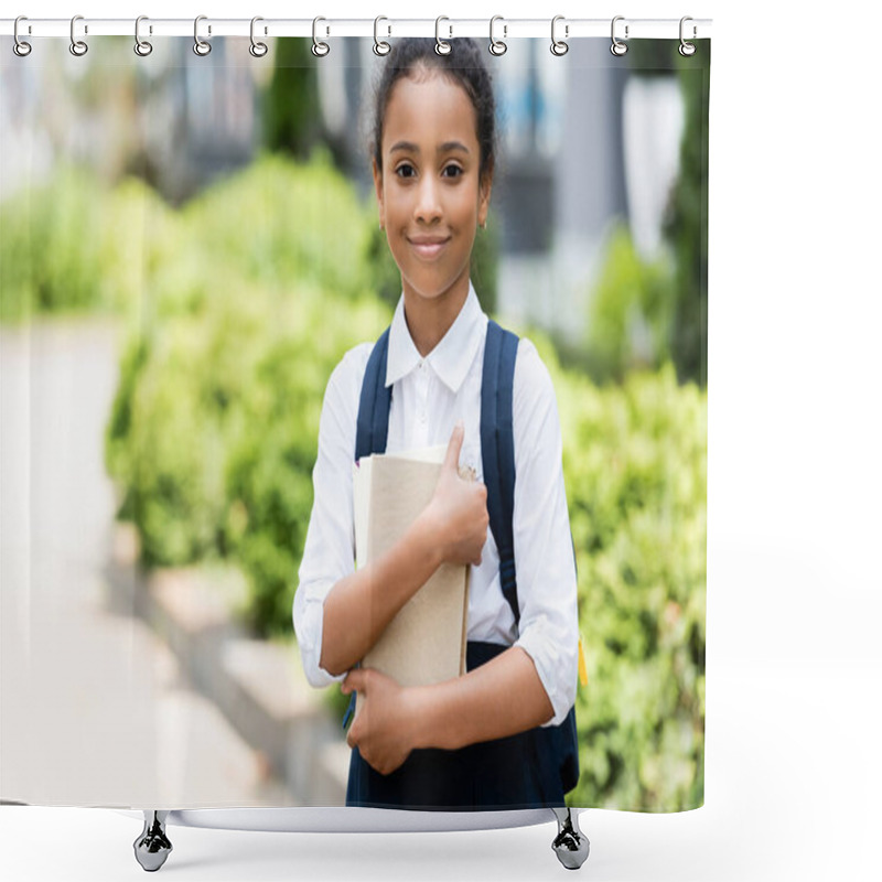 Personality  Smiling African American Schoolgirl With Book Outdoors Shower Curtains