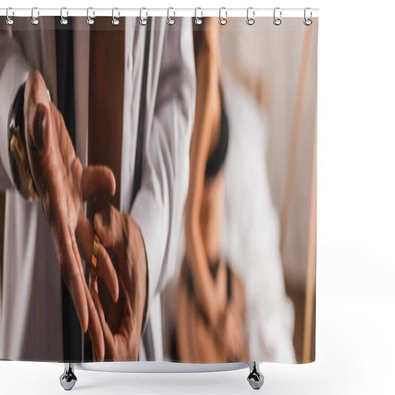 Personality  Panoramic Crop Of Man In Shirt Taking Off Wedding Ring With Woman In Underwear On Bed At Background  Shower Curtains