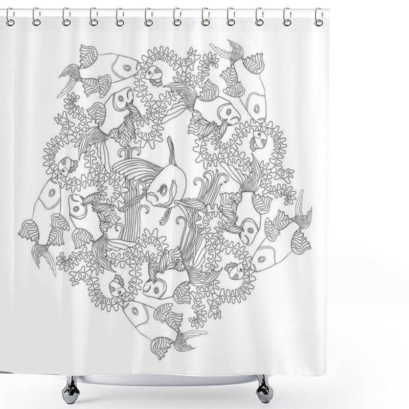 Personality  Coloring Page Mandala With Fishes And Seaweed. Hand Drawn Black And White Vector Illustration. Shower Curtains