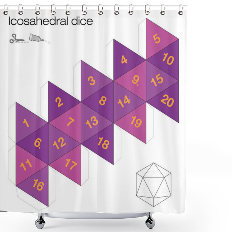 Personality  Icosahedron Template, Icosahedral Dice - One Of The Five Platonic Solids - Make A 3d Item With Twenty Sides Out Of The Net And Play Dice. Illustration On White Background. Shower Curtains