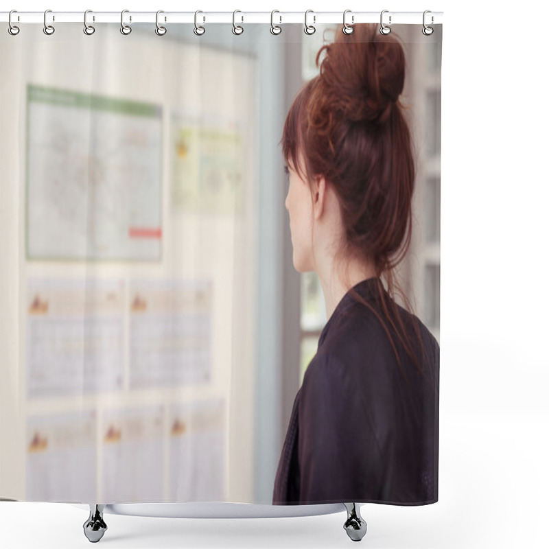 Personality  Young Woman Reading Notices On A Board Shower Curtains