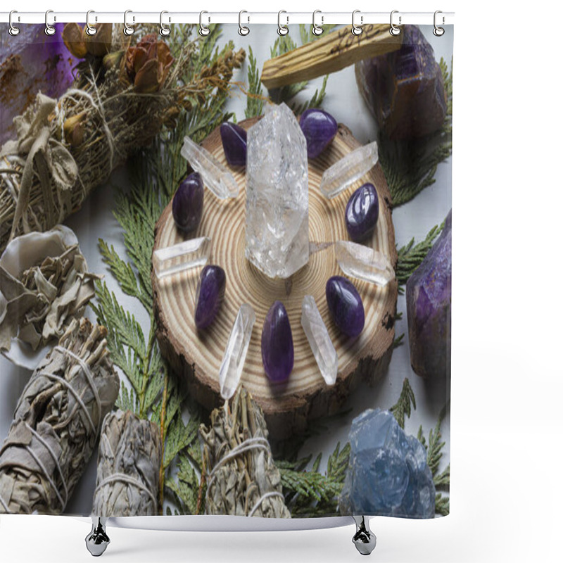 Personality  Meditative Crystal Healing Grid With Amethyst And Clear Quartz Crystal Combined With Sage Smudge Sticks. Shower Curtains