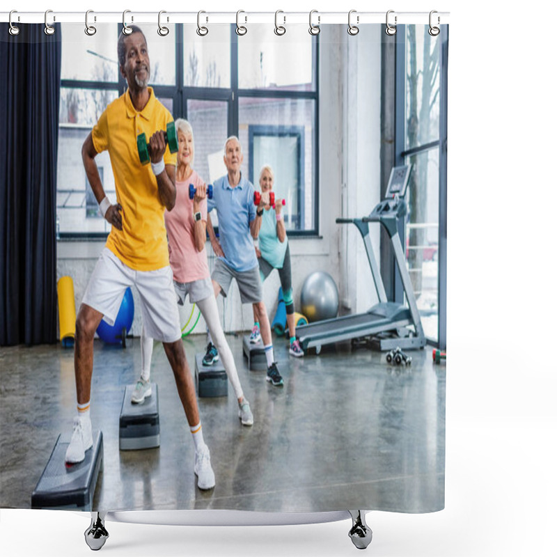 Personality  Multicultural Senior Sportspeople Synchronous Exercising With Dumbbells On Step Platforms At Gym Shower Curtains