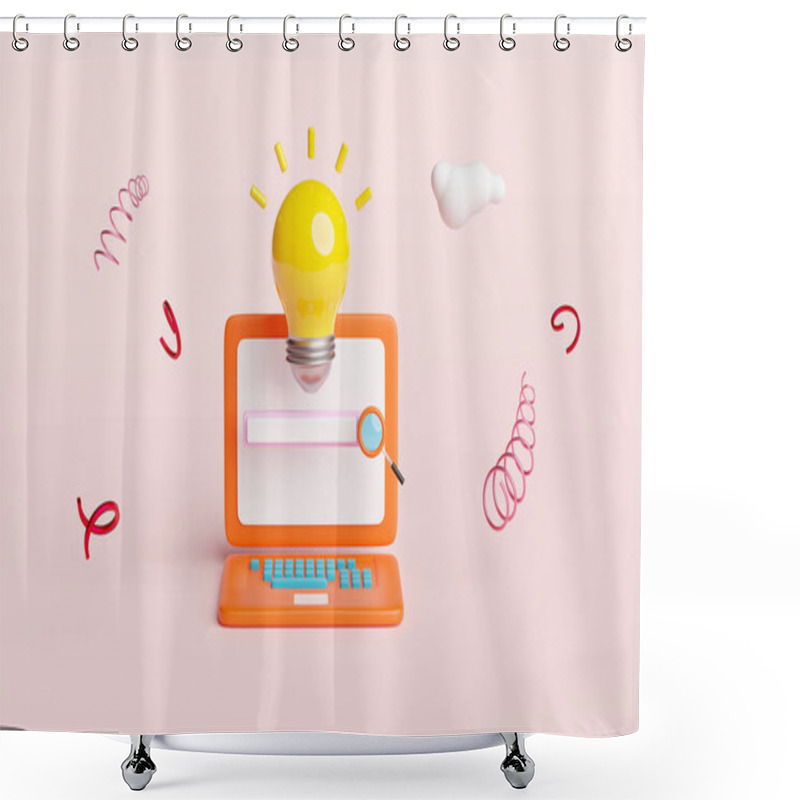 Personality  Orange Laptop Computer Monitor With Yellow Light Bulb,blank Search Bar,magnifying Glass,cloud Isolated On Pink Background.web Search Engine,web Browsing,idea Tip Concept,3d Illustration,3d Render Shower Curtains