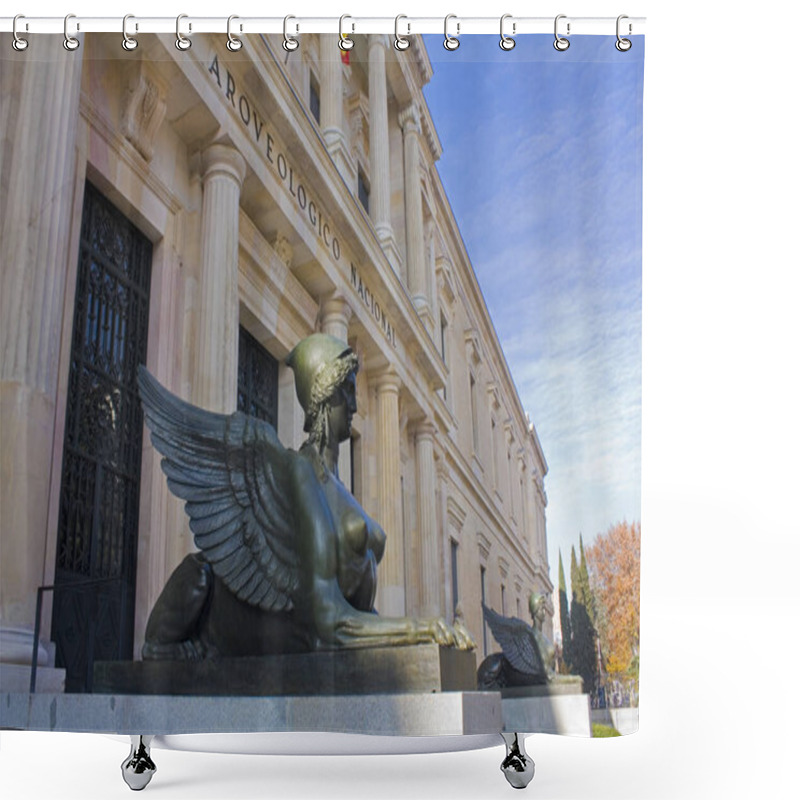 Personality  MADRID, SPAIN - 17 January, 2020: Sculpture Of Sphinx Near National Archaeological Museum Of Spain In Madrid Shower Curtains