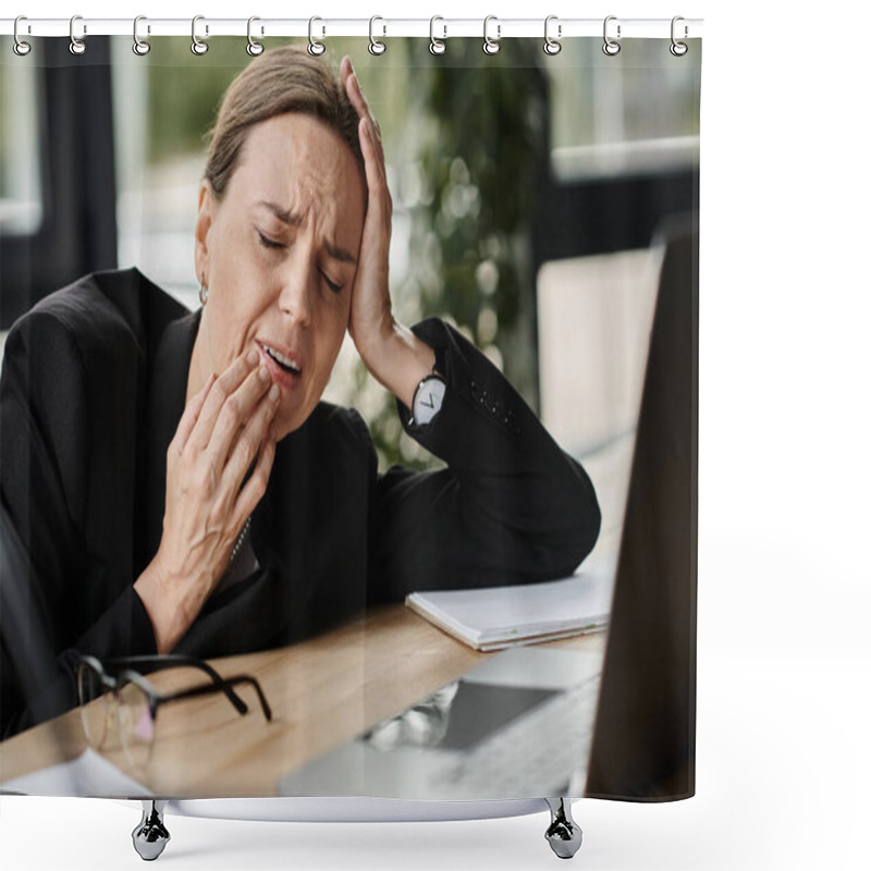 Personality  Stressed Middle-aged Woman Sits At Her Desk With Hand On Head. Shower Curtains