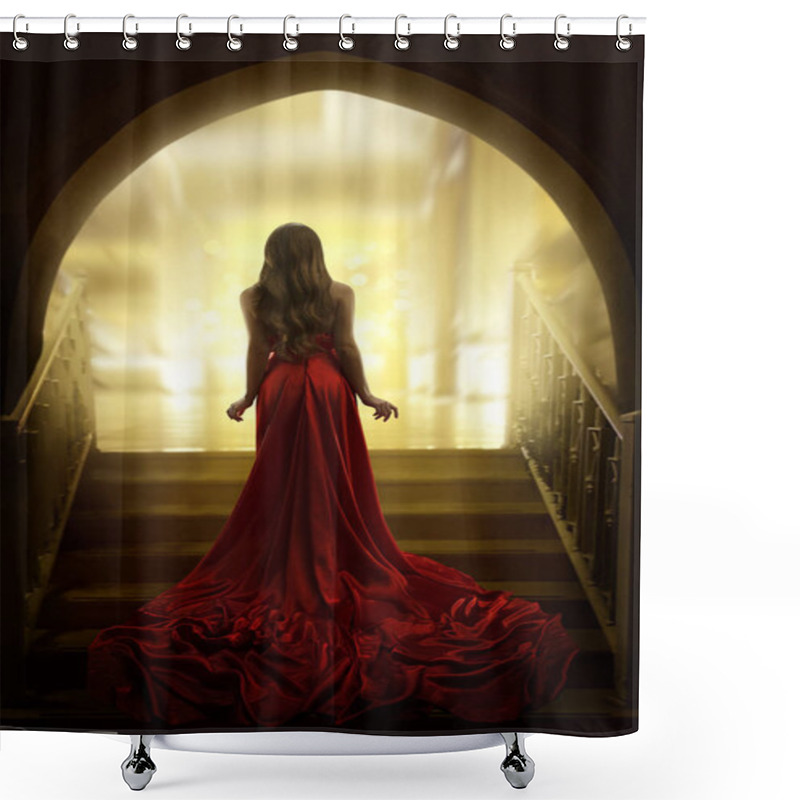 Personality  Elegant Woman Silhouette In Long Red Gown, Lady Back Rear View, Dress Waving On Stairs Shower Curtains