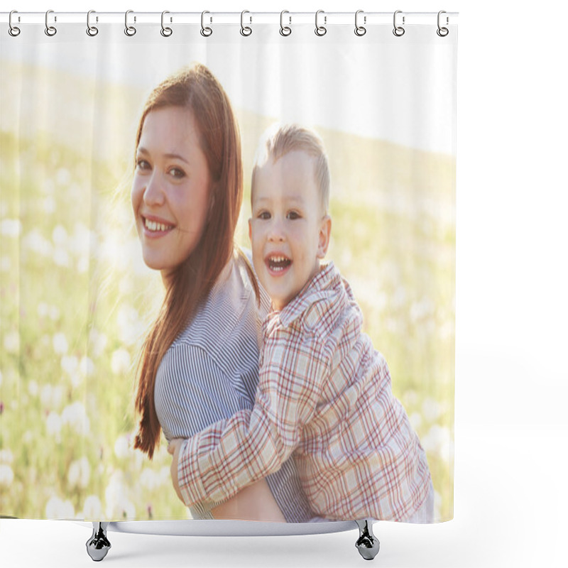 Personality  Mother With Her Child In Sunlight Shower Curtains