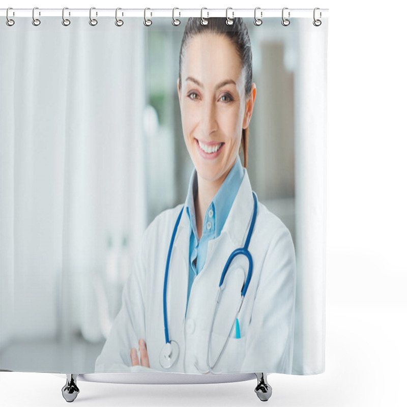 Personality  Confident Female Doctor Posing In Her Office Shower Curtains