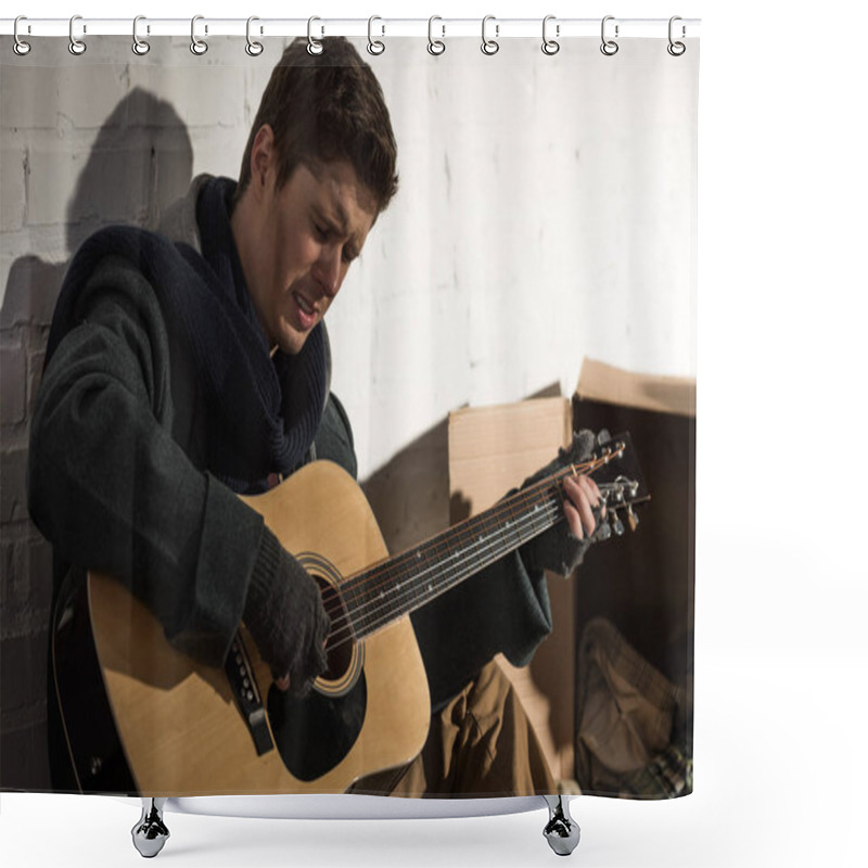 Personality  Sad Homeless Man Playing Guitar While Sitting By White Brick Wall Shower Curtains