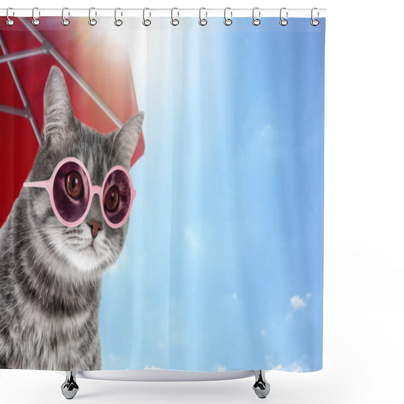 Personality  Tabby Cat With Sunglasses Under Red Beach Umbrella On Sunny Day Shower Curtains