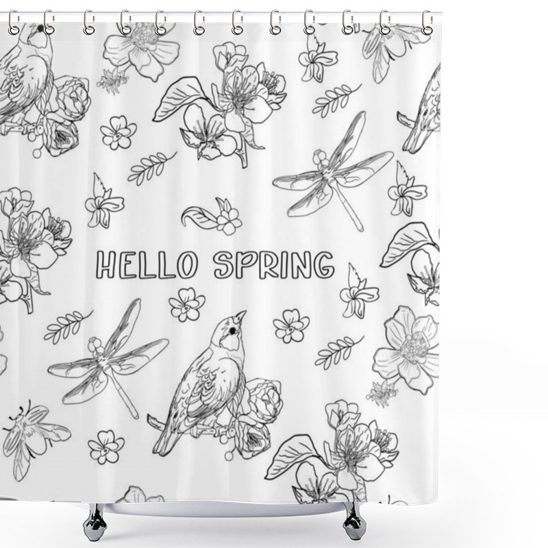 Personality  Spring-themed Hand-drawn Illustration Featuring Flowers, Birds, And Insects On A White Background. Hand-Drawn Spring Illustration With Flowers, Birds, And Insects.Spring Flowers, Birds, And Insects On Shower Curtains