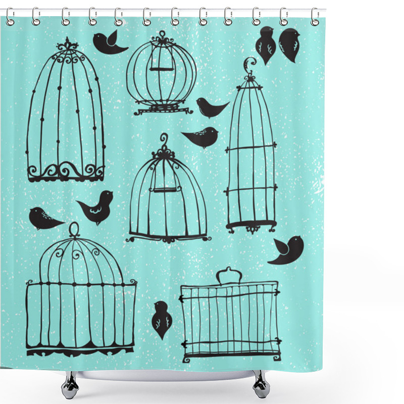 Personality  Set Of Doodle Cages And Little Birds Shower Curtains