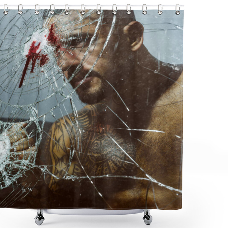 Personality  Strong Angry Man Near The Broken Glass After The Accident. Strength And Anger Concept. Blood. Shower Curtains