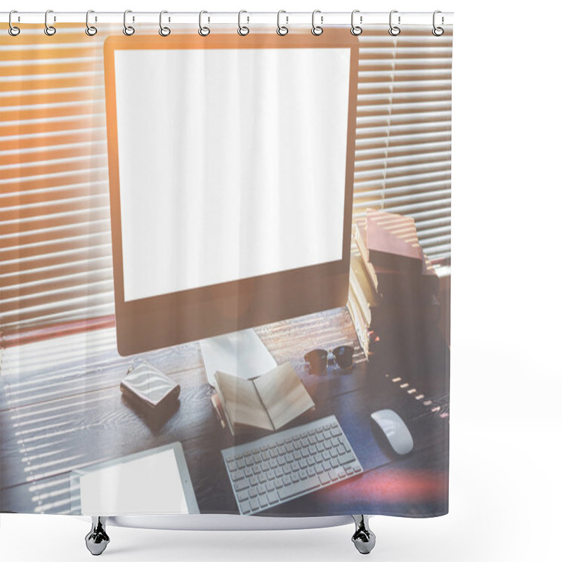 Personality  Mock Up Of Office Desktop With Pc Computer And Digital Tablet With Blank Copy Space Screen For Your Promotional Content Shower Curtains