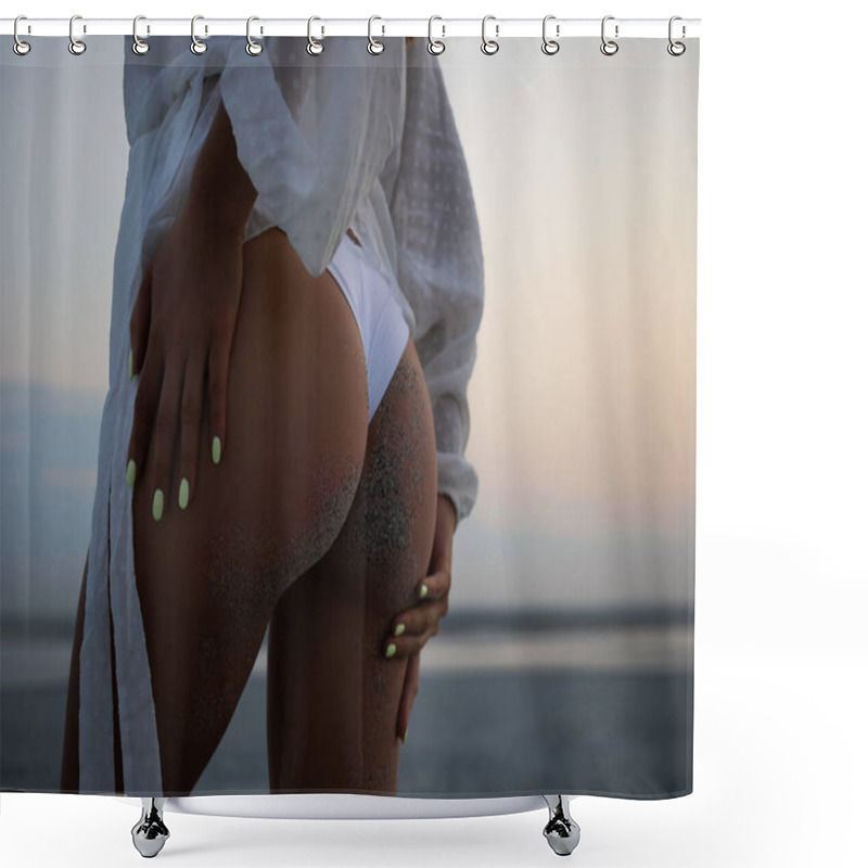 Personality  Low Angle Of Seductive Buttocks Of Sensual Woman In Sand Wearing White Bikini Thongs And Shirt In Twilight Shower Curtains