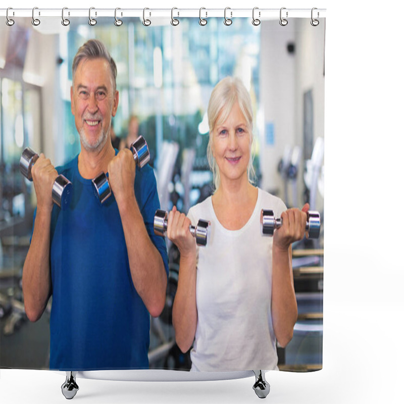 Personality  Senior Couple Exercising In Gym Shower Curtains