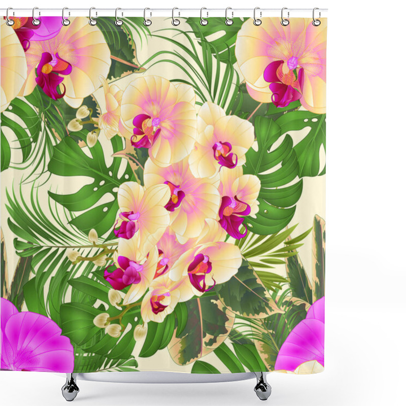 Personality  Seamless Texture  Floral Arrangement Bouquet With Tropical Flowers   With Beautiful Yellow And Purple Orchids Palm,philodendron And Ficus Vintage Vector Illustration  Editable Hand Draw  Shower Curtains