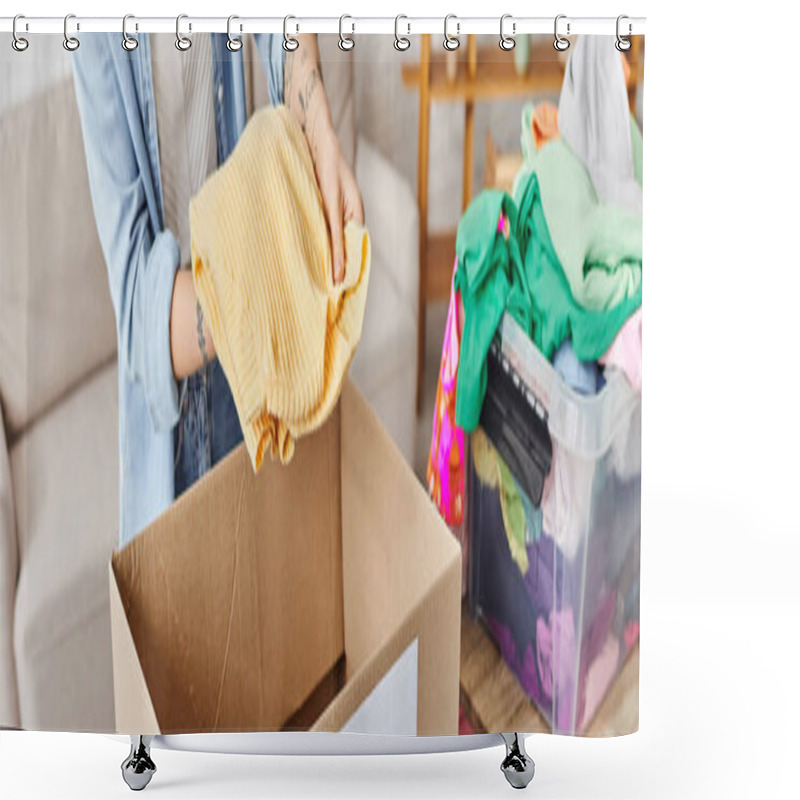 Personality  Partial View Of Young Woman With Tattoo Holding Yellow Jumper Near Carton Box While Sorting Clothes For Donating For A Cause, Sustainable Living And Social Responsibility Concept, Banner Shower Curtains