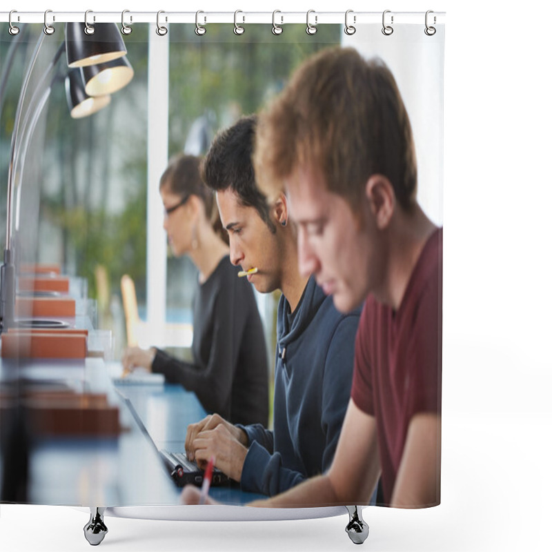 Personality  Group Of Three In Library Shower Curtains