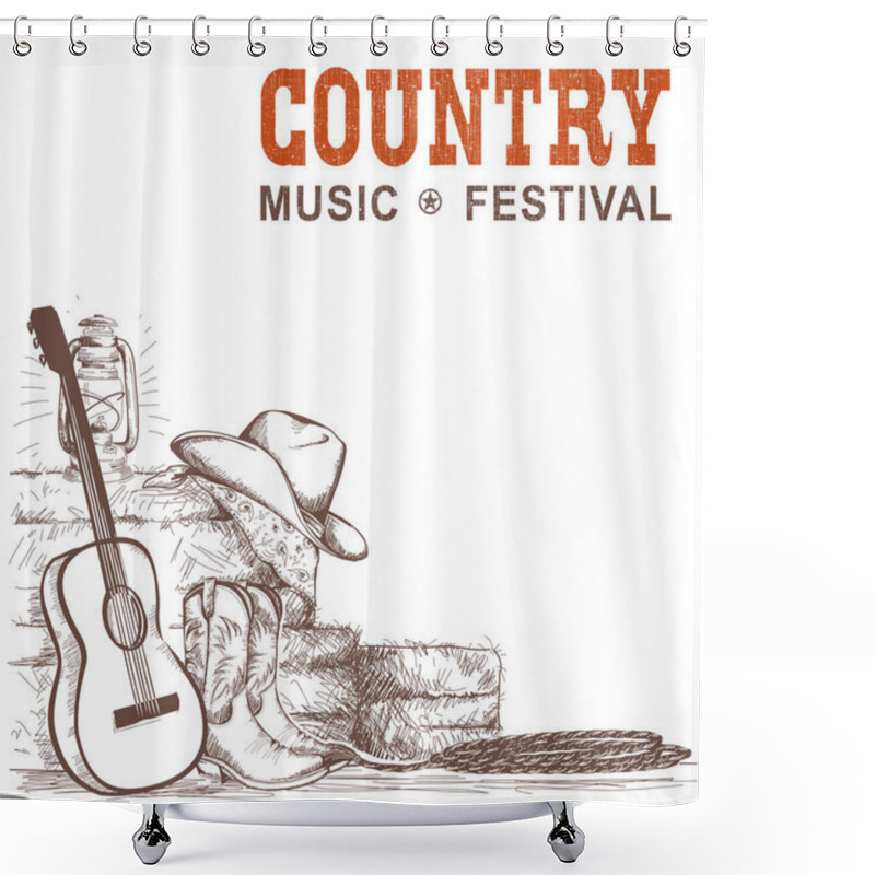 Personality  Country Music Background With Guitar And American Cowboy Shoes A Shower Curtains