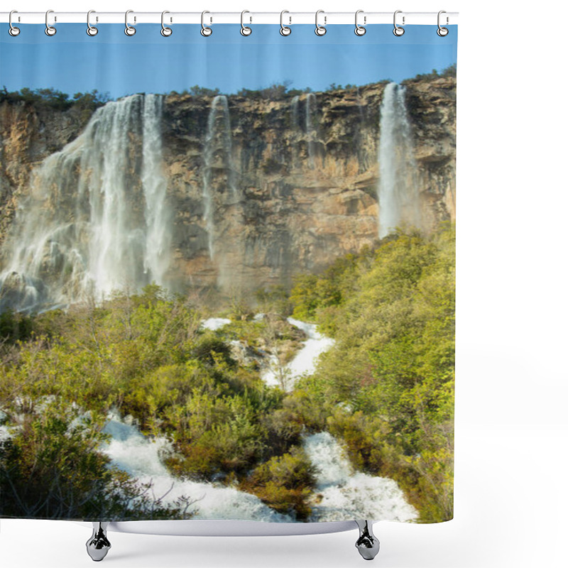 Personality  Scenic View Of A Waterfall Flowing Down A Rocky Cliff Surrounded By A Dense Forest, Creating A Breathtaking Natural Landscape Shower Curtains