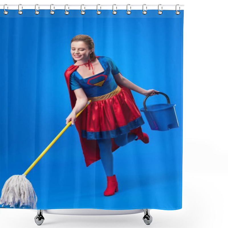 Personality  Smiling Woman In Superhero Costume With Mop And Bucket For Cleaning Isolated On Blue Shower Curtains