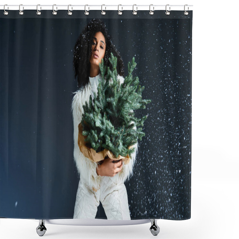 Personality  A Fashionable African American Woman Showcases Winter Elegance In A White Ski Suit And Fur Jacket, Holding Greenery. Shower Curtains