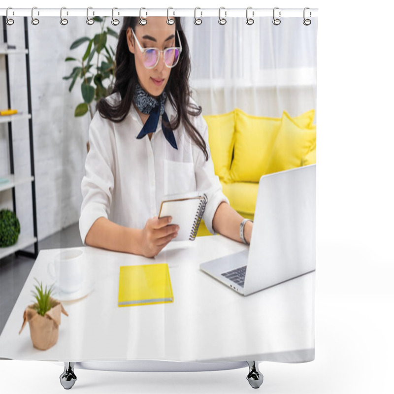 Personality  Pretty Asian Freelancer In Glasses Using Laptop And Reading Notes In Notebook Shower Curtains