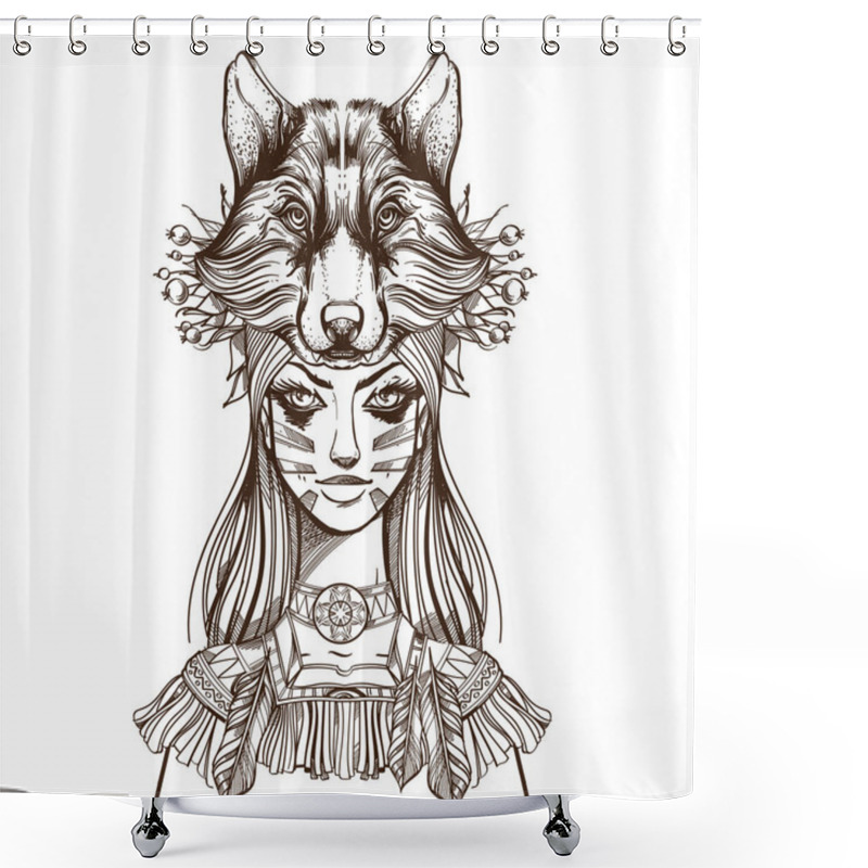 Personality  Woman In Headdress Shaped Of Wolf Head Isolated On White Background Shower Curtains