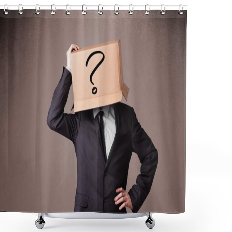 Personality  Businessman Gesturing With A Cardboard Box On His Head With Ques Shower Curtains