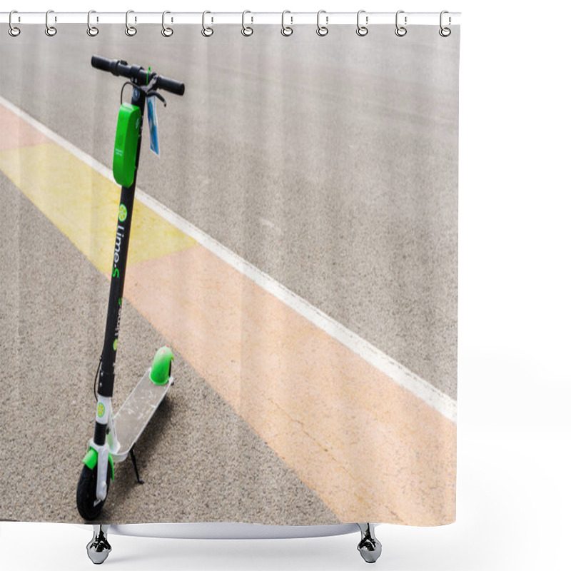 Personality  Valencia, Spain - April 29, 2019: Group Of Electric Scooters For Shower Curtains