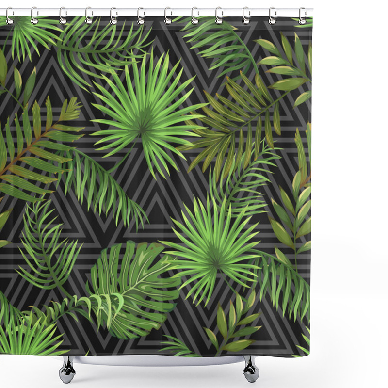 Personality  Seamless Pattern With Leaves Of Palm Trees On A Dark Background With A Triangular Ornament Shower Curtains