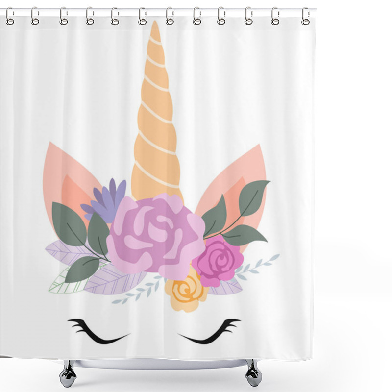 Personality  Vector Illustration Of Cute Unicorn Face With Flowers. Design Element For Birthday Cards, Party Invitations.  Shower Curtains